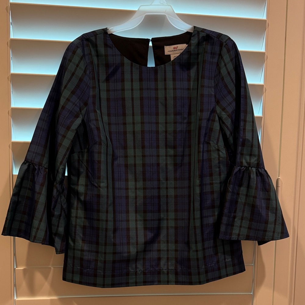 Vineyard Vines Plaid Bell Sleeve Blouse - Blue and Black